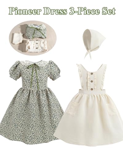 Vestido pionera niña estilo colonial verde floral miniatura 3