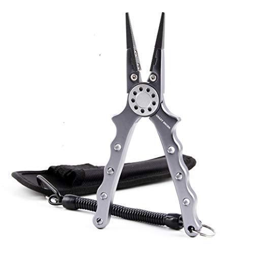 CRAZY SHARK Professional Saltwater/Freshwater Fishing Pliers Hook Remover Fishing Line Cutters with Sheath and Lanyard (Gun Metal)
