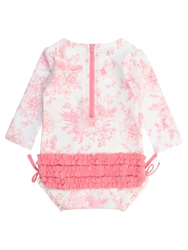 Image of RuffleButts Baby Girls UPF 50+ Sun Protection Floral Printed Long Sleeve One Piece Rash Guard Swimsuit with Zipper
