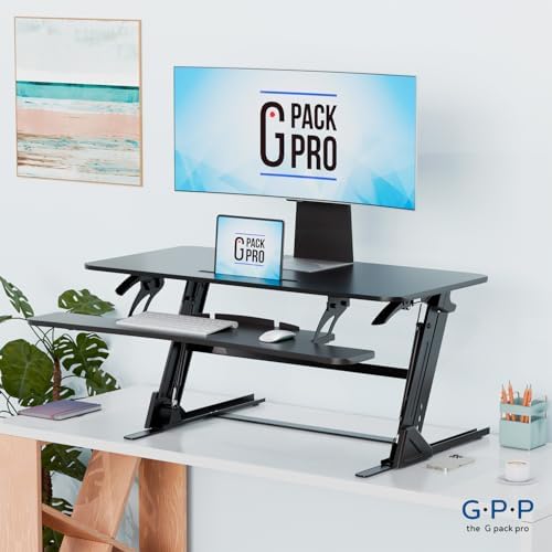 Image of Electric Height Adjustable Desk Converter - Standing Desk for Sit Stand Workstation with Removable Keyboard Tray and Space for Dual Monitors - Ergonomic Design for Maximum Productivity