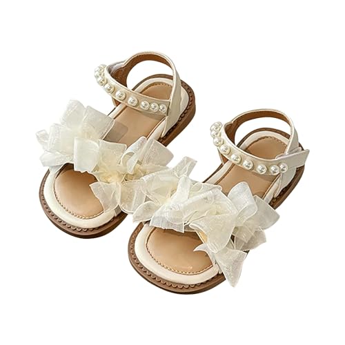 Girls Summer Sandals Mesh Pearl Beaded Ankle Strap Soft Sole Flats Open Toe Bow Flower Pump Dress Wedding Shoes