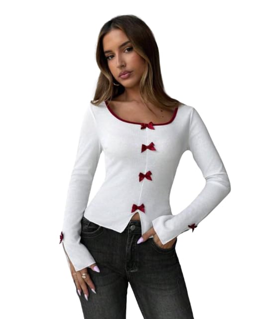 Women Korean Style Crop Top, Deep Neck, White, Lycra, Full Sleeve, Slim Fit, Stretchable, Ribbon Binding, Casual-picture-37