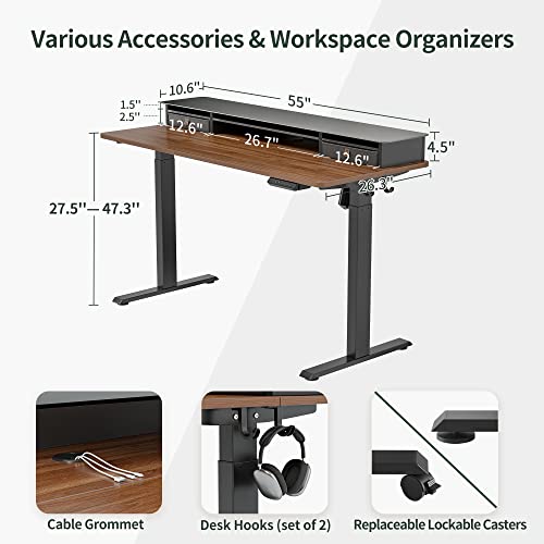 FEZIBO 55 x 24 Inch Height Adjustable Electric Standing Desk with Double Drawer, Sit Stand Desk, Black Walnut
