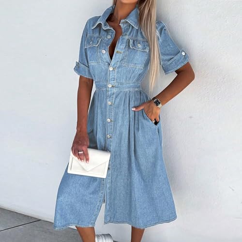 Image of Women Denim Shirt Dress V Neck Short Sleeve Long Bottom Down A-Line Jeans Dresses with Pockets