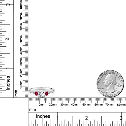 Gem Stone King 1.00 Cttw White Moissanite and Red Created Ruby Ring For Women | 925 Sterling Silver | 5MM and 3MM Cushion | 3 Stone Wedding Engagement Anniversary Promise Ring 6