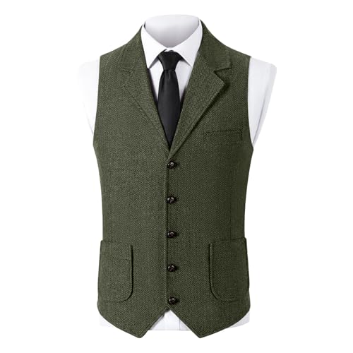 Cambkatl Men's Vintage Tweed Suit Vest Business Herringbone Wool Formal Dress Waistcoat for Wedding Groosmen Best Man