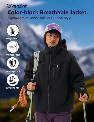 Image of Venzina Men's Waterproof Rain Jacket-Lightweight Windbreaker with Color Block Design, Breathable for Urban Outdoor, Daily Commuting I Fashion Unisex Couple Jacket