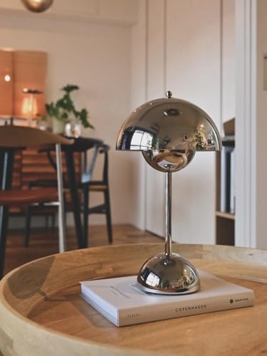 CYGGLL Modern Flower Bud Lamp 12" Cordless Touch Lamp Dimmable 2600mAh Rechargeable Desk Lamp Nordic Minimalist Mushroom Lamp Nightstand Bedside Lamp for Bedroom Living Room(Chrome) No Reading Light
