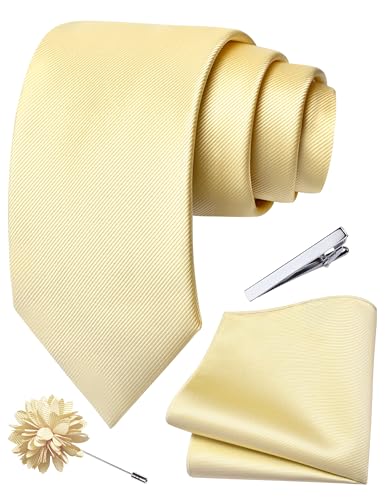 Image of Branduce 3.15 inch(8cm) Solid Formal Tie and Pocket Square Plain Necktie Lapel Pin and Tie Clip Set for Men