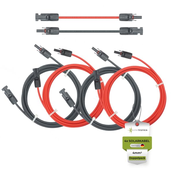 solartronics Doppelpack Solarkabel 4mm² 12m mit Solarstecker Rot/Schwarz | PV Kabel Verlängerung für Solarpanel, H1Z2Z2-K, UV-Beständig, Halogenfrei, Flexibel, TÜV Rheinland, Made in Germany, 4x12m