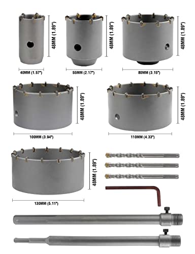 Binota Concrete Hole Saw, Kit 40 55 80 100 110 130 Mm, Arbor Sds Plus And Max 300Mm, For Cement Wall Brick Sands Stone Sable-Rock Self-Leveling #TOP2