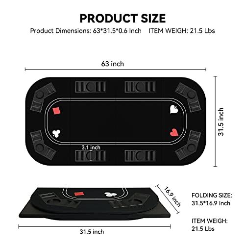 YUZPKRSI 3 in 1 Poker Table Top, Texas Hold'em Poker Card Tabletop Layout with Reversible Black Felt, Foldable Poker Table Craps Mat with Cup Holders, Carrying Bag for Poker/Blackjack/Craps - Thumbnail 4