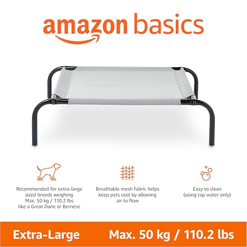 Image of Amazon Basics Cooling Breathable Elevated Pet Bed with Metal Frame for Large Dogs, X-Large (60.1 x 37.1 x 8.9 Inches), Grey, 1 Count