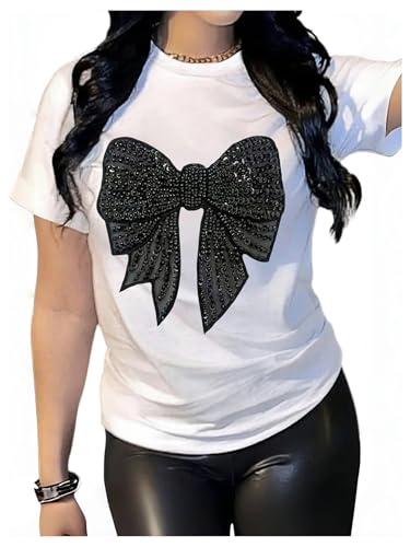 Image of RoseSeek Women's Rhinestone Sequin Bowknot Graphic Tees Short Sleeve Crewneck Summer Tops Going Out T Shirt