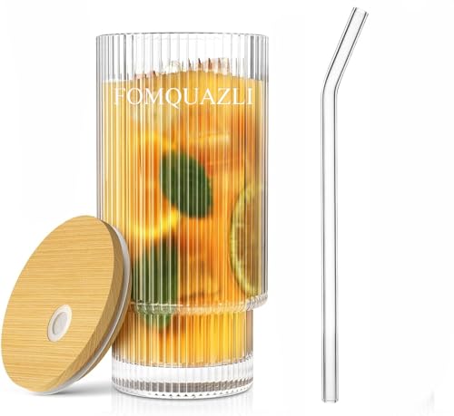 Image of 330ML Ribbed Glass Cup with Wooden Lid & Glass Straws Vintage Fluted Glassware Iced Coffee Cup, Coffee Bar Accessories for Whiskey Cocktail Beer Coffee Tea Tumbler 1Pcs