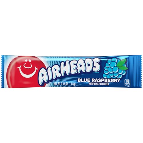 Airheads Candy, Blue Raspberry Flavor, Individually Wrapped Full Size Bars, Taffy, Non Melting, Party, Pack of 1