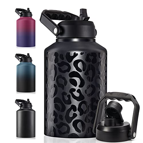 Gallon Insulated Water Bottle Jug with Straw, 128 oz Large Stainless Steel Sports Metal Water Canteen With Handle, Thermal Water Cup Mug with 2 Lids, Black Leopard 1 41+fLQZcWHL