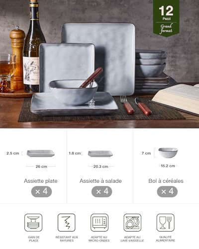 Service vaisselle pour 4 assiettes et bols carrés compatible micro-ondes lave-vaisselle - 3