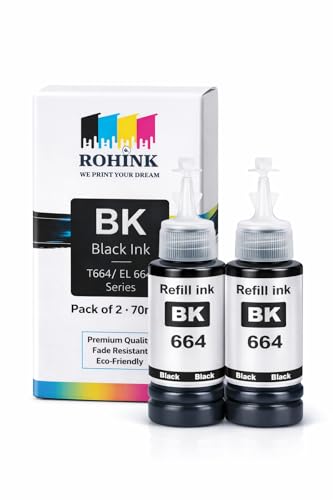 Image of ROHINK T664 Black Compatible Refill Ink for Epson L130, L360, L380, L361, L565, L210, L220, L310, L350, L355, L365, L385, L550, L555, L605, L1300 Printer - 70ml x 2 Bottles