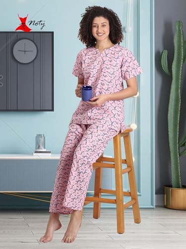 Image of Noty Girl's /Women's Polyester and Cotton Mixed- Small Floral Printed- Night Suit /Night Wear /Lounge Wear /Night Dress