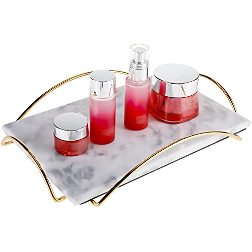 Highfree Marble Stone Decorative Tray, Perfume Tray With Copper-Color Metal Handles, Handmade Real Marble Tray Catchall Tray Trinket Tray For Counter, Vanity, Dresser & Nightstand (White) #TOP5