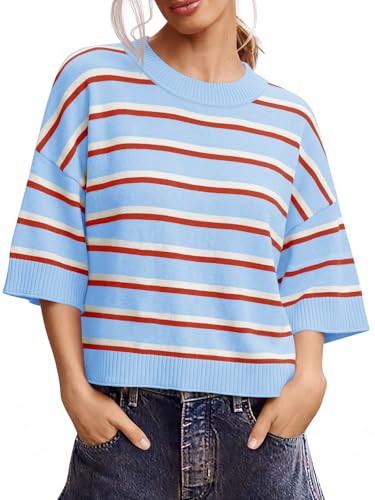 Image of Saodimallsu Womens Short Sleeve Sweater Summer Oversized Cropped Sweaters Casual Crewneck Lightweight Knit Tops