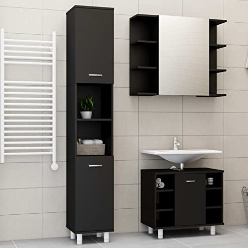 Tidyard 3-TLG. Badmöbel Set, Badezimmer Möbel Komplett, Badezimmermöbel Waschtisch Badmöbelset, Spiegelschrank Waschbeckenunterschrank Hochschrank, Schwarz Spanplatte