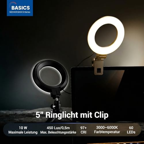 NEEWER BASICS 5' Ringlicht mit Klemme und Mini Stativ, 10W 3000k-6000K Dimmbares Ansteckleuchte für Laptop Computer Monitor Videokonferenzen Selfie, Vlog Makeup, Live Streaming, Videoaufnahmen, BR60