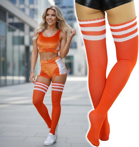 Image of ToBeInStyle Women's Heavyweight Knit Thigh High Long Socks w /Contrast 3 Stripe Top Band