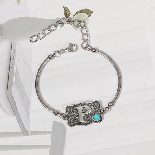 Image of Belt Buckle Bracelet Initial Letter A-Z Bracelets Western Cow Tag Bracelet Belt Buckle Necklace Western Style Initial Letter Pendant Necklace