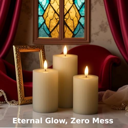 Image of coku Set of 3 Flameless LED Pillar Candles, Real Wax Flickering Moving Flame Candles, Battery Operated Smokeless Safe Decorative Candle for Home, Bedroom, Wedding, Party, Diwali, Christmas & Gifts