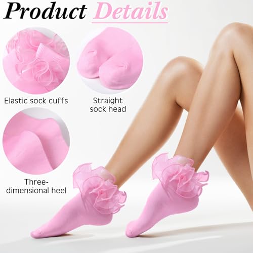 Image of Geyoga 3 Pairs Women Big Ruffle Socks Turn Cuff, Double Lace Ankle Cotton Frilly Socks for Ladies Summer