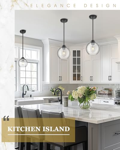 Image of 2 Pack Pendant Lights Kitchen Island, 8 inch Black Pendant Light Fixtures with Globe Clear Glass Shade, Modern Kitchen Island Lighting for Bathroom, AD-22280-2PL-BK