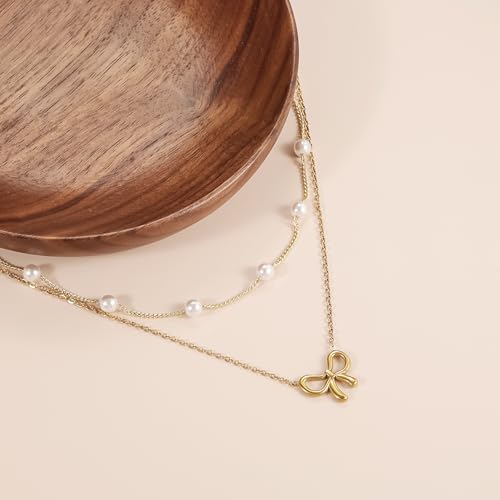 Qitian 18K Gold Plated Satellite Pearl & Bow Pendant Necklace for Women, Adjustable Layered Choker Chain Jewelry, Mini Gold Pearl Necklace Gift3