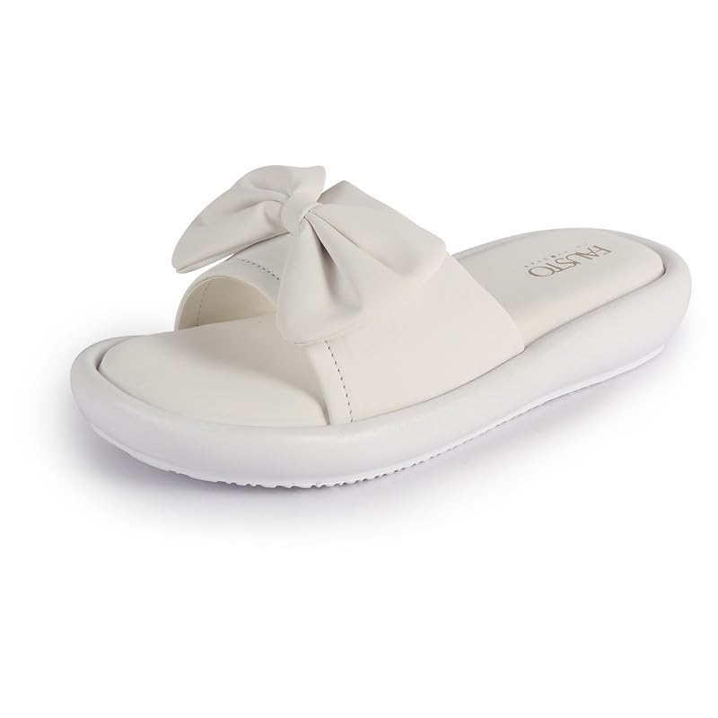 Image of FAUSTO Women Open Toe Bow Design Slip On Sliders | Extra Comfort Cushioned Insole Slippers | Classic Flat Sandals for All Day Long