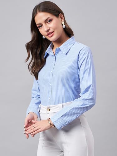 Image of Style Quotient Women Self Design Stripe Blue and White Polycotton Formal Shirt