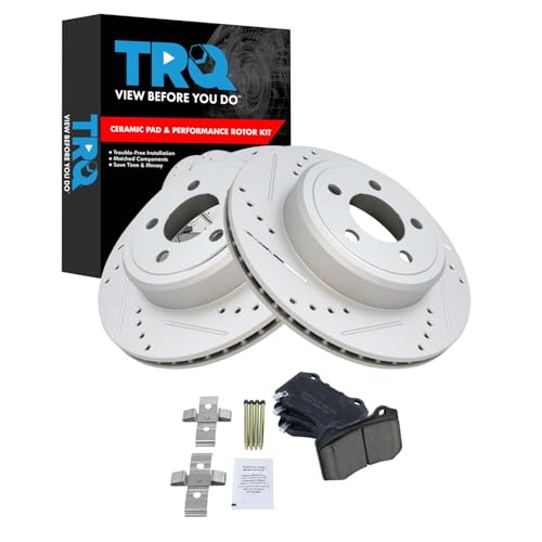 Image of TRQ Performance Rear Brake Pad and Rotor Set Ceramic Coated Drilled Slotted Vented Rotors Compatible with 2011-2018 Dodge Challenger 2017-2018 Charger