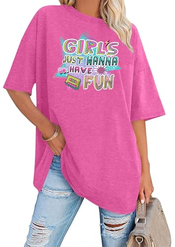 VVNTY Oversize Shirt Damen Oversized Drucken Rundhals T-Shirts Retro 80er 90er Party Kurzarm Tee Top (80er-Rosa1 XXL)
