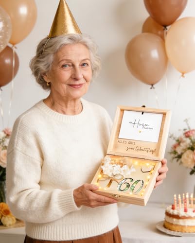 Geldgeschenke Geburtstag 60 us Holz, 60 Geldgeschenk Verpackung Geschenkbox mit LED Lichterkette, Lustig Geschenk zum 60 Geburtstag Frau Mann, Geburtstagsgeschenk für Mutter, Vater, Lebenspartner