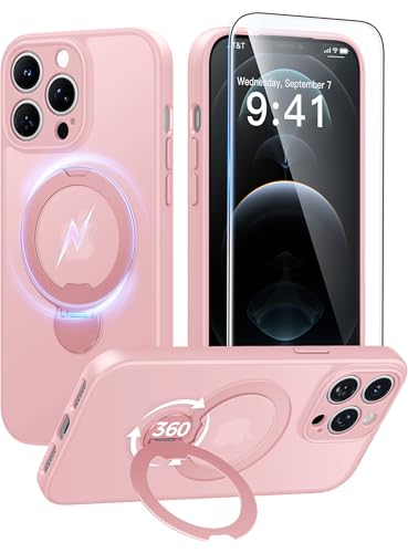 Image of FNTCASE for iPhone 12 Pro-Max Case: [360 Spin Magnetic Stand] [Compatible with Magsafe] [Screen Protector] Translucent Matte Military Grade Shockproof Full Camera Protective Phone Cover - Pink