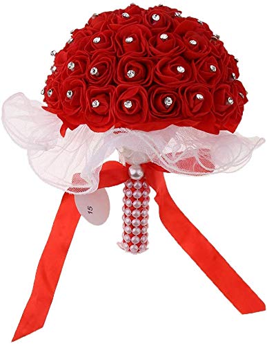 TaotenishWedding Bonquet Artificial Rose Silk Bouquet Bridal Holding Flower Bridesmaid Decor Romantic Wedding Supplies Lace Hand Bunch - Red