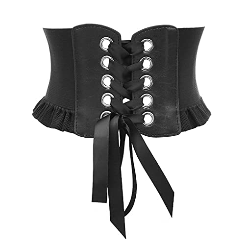 Womens Lace-up Corset Cinch Waistband Waspie Elastic Waist Belt Retro Tied Wide Belt Vintage Bandage Elasticity Girdle Wrap for Girls Halloween Costume – Black YS001