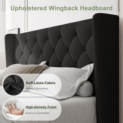 Image of Feonase Full Size Bed Frame with Upholstered Wingback Headboard,Button Tufted Platform Bed and Heavy Duty Wooden Slats Support,Easy Assembly, Noise-Free,No Box Spring Needed, Black