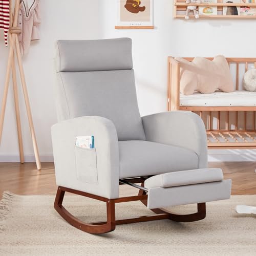 AYEASY Rocking Chair Nursery High Back Glider Rocker Chair with Footrest Storage Pocket Accent Upholstered Rocker Armchair for Living Room Nursing Room Porch (Grey)