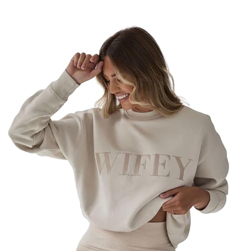 Six Stories | Oversized Wifey Statement Sweatshirt for Newlywed Bride | Soft & Cozy Embroidered Champagne Crewneck Sweater | Perfect Wedding, Anniversary, Birthday & Honeymoon Gift | Medium by Six Stories - Used condition - US$51.29