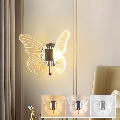Goeco Lámparas de Pared Interior, 12W Apliques LED con Forma de Mariposa en Acrílico, 3 Temperaturas de Color 3000K/4500K/6500K Iluminación de Pared para Salón, Dormitorio, Pasillo