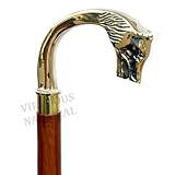 Wolf Brass Walking Cane for Men and Women, Direwolf Design, Stylish Wood Walking Stick