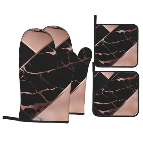 YYHHAOFA Black Rose Gold Marble Prints Oven Mitts and Pot Holders Sets for Kitchen Baking - Insulated, Thick, Durable, and Anti-Scalding