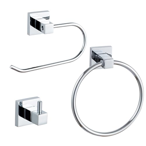 Betadistor Juego de accesorios de baño cromados de 3 piezas, toallero cromado/anillo, soporte para papel higiénico, ganchos para abrigos, juego de anillos de toalla de acero inoxidable para baño,