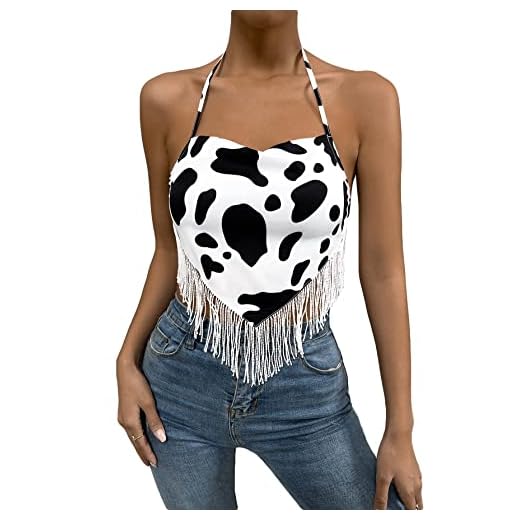Romwe Women's Tassel Trim Spaghetti Strap V Neck Camis Crop Top Vest White Cow Print S